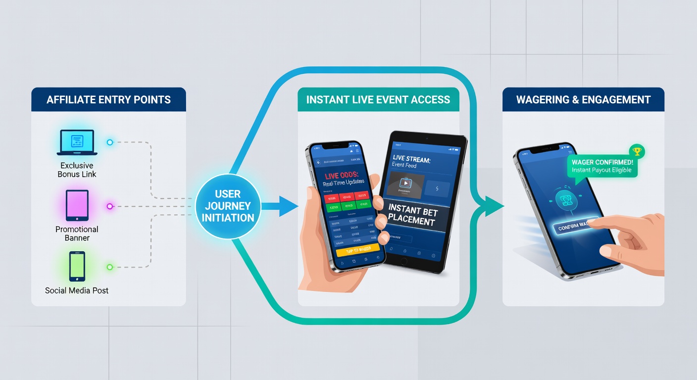 Mobile user interface showing instant live betting options with affiliate tracking elements and real-time event data on a handheld device