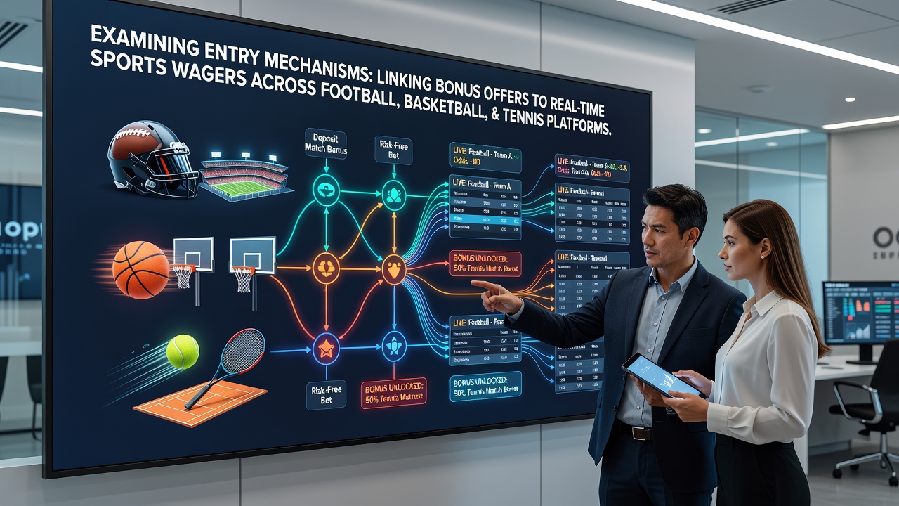 Diagram showing how bonus offers connect users to live sports betting interfaces for football basketball and tennis