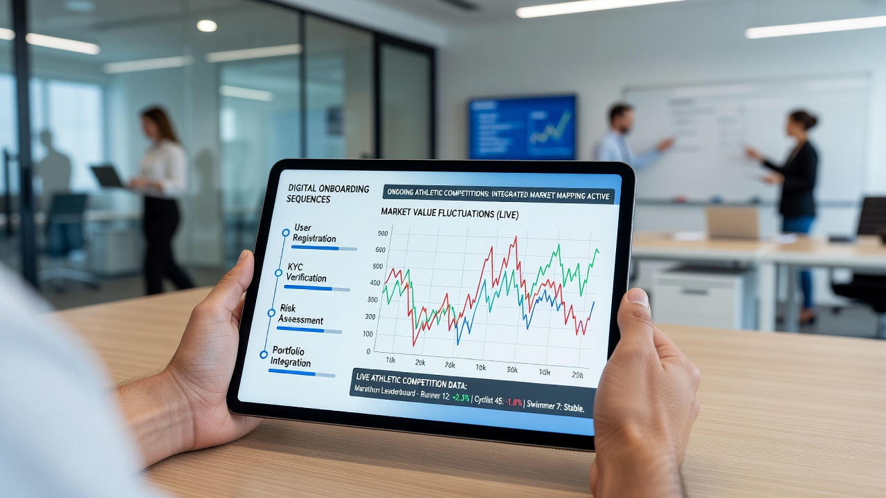 Digital onboarding flow on a portable device showing real-time market value updates during an athletic competition