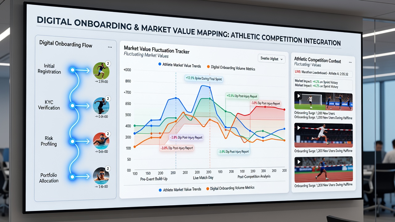 Mobile interface displaying synchronized market values and onboarding progress during a live athletic event