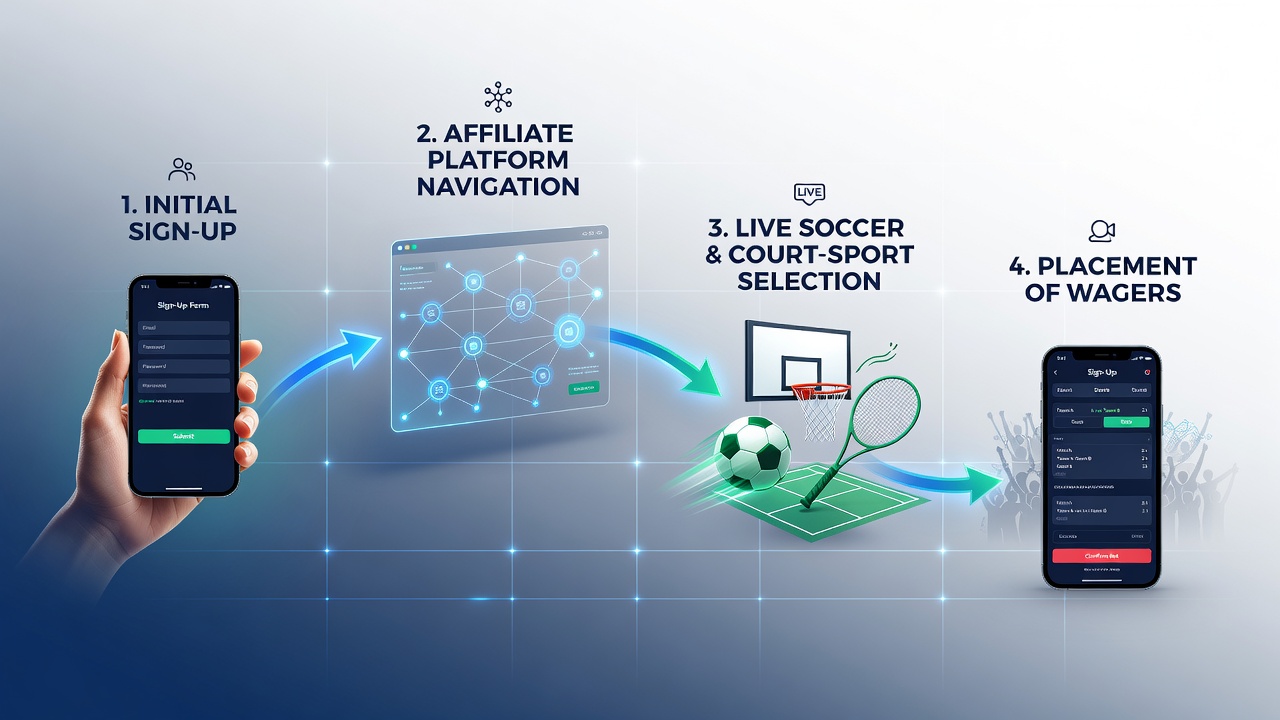 User journey mapping diagram showing sign-up flow to live sports wagers on mobile affiliate platforms