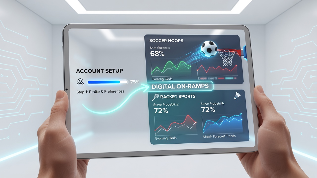 User interface on a smartphone showing account setup screens for sports platforms with soccer and basketball icons