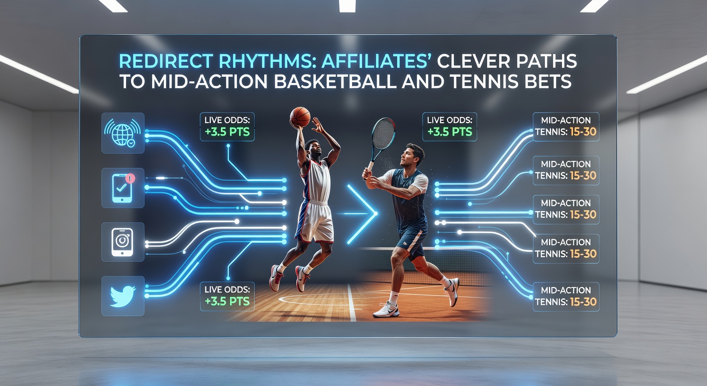 Dynamic redirect flowchart illustrating affiliate paths from tennis match alerts to in-play betting dashboards