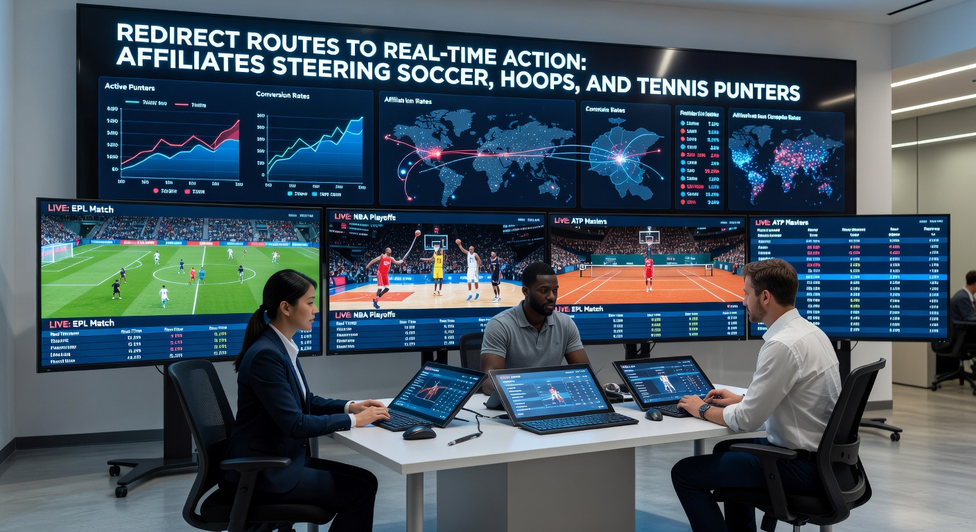 Affiliate dashboard showing real-time redirects for soccer, basketball, and tennis live bets, with traffic funnels and conversion metrics highlighted