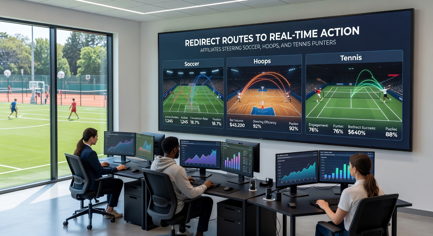 Dynamic redirect flow chart illustrating affiliate traffic from soccer ads to live tennis betting interfaces, complete with conversion stats and global map overlays