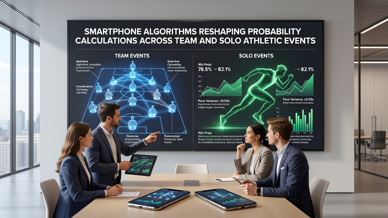 Athlete in solo competition with overlaid smartphone analytics dashboard showing probability updates